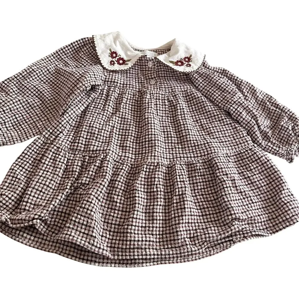Zara Girls Check Textured Dress Embroidered Collar Cotton Blend size 2